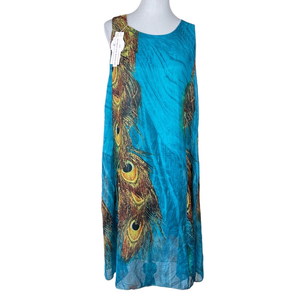 Sleeveless scoop neck sheath dress in vibrant peacock print Size XL